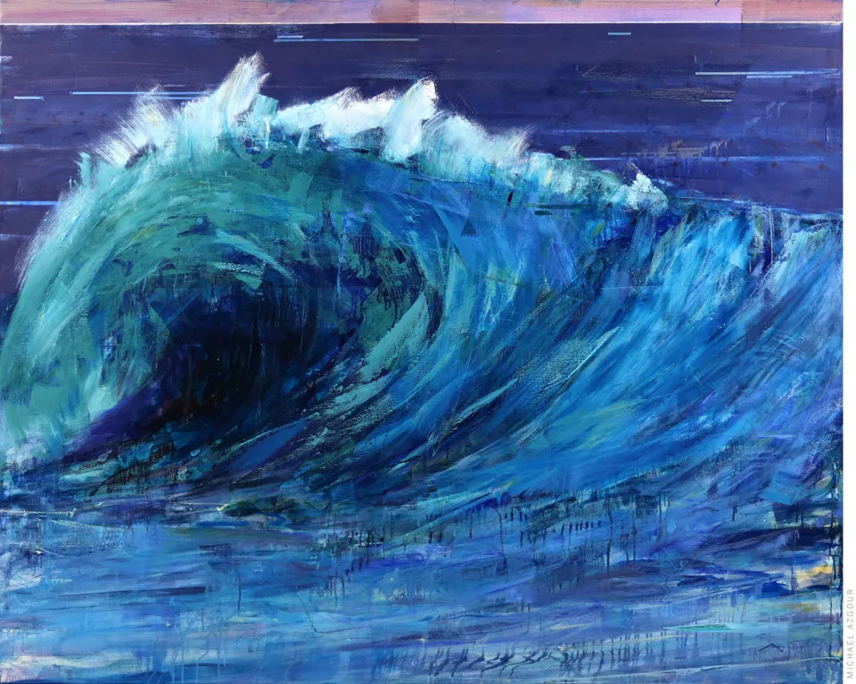 Original contemporary painting by artist Michael Azgour, depicting a rough wave crashing in the ocean, a contrasting element to the calm horizon, with vibrant attractive glowing blue color, titled Wave 8